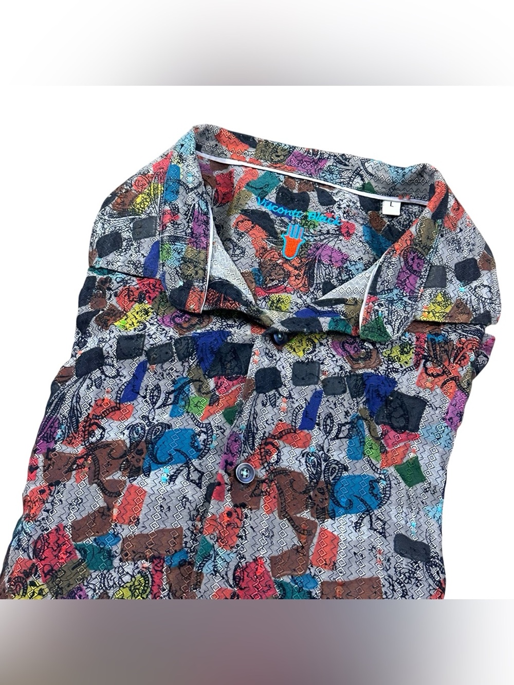 Visconti Black Mens Large Abstract Print Long Sleeve Button Up Shirt